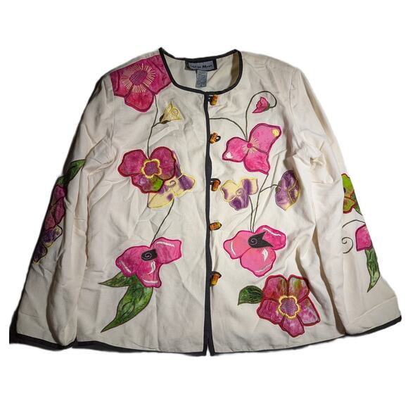 Vtg Y2K Indigo Moon Ivory Pink Floral Applique Black Piping Collarless Jacket S - Picture 1 of 4